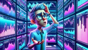 Cartoon-style 3D trader looking confused at screens, neon office backdrop.
