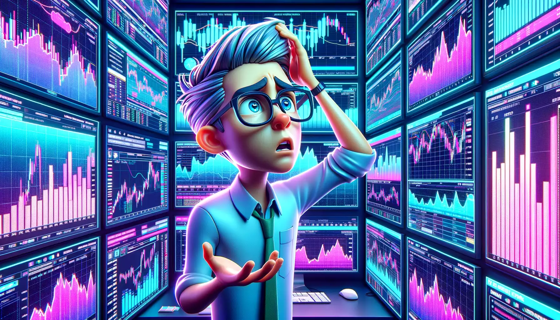 Cartoon-style 3D trader looking confused at screens, neon office backdrop.